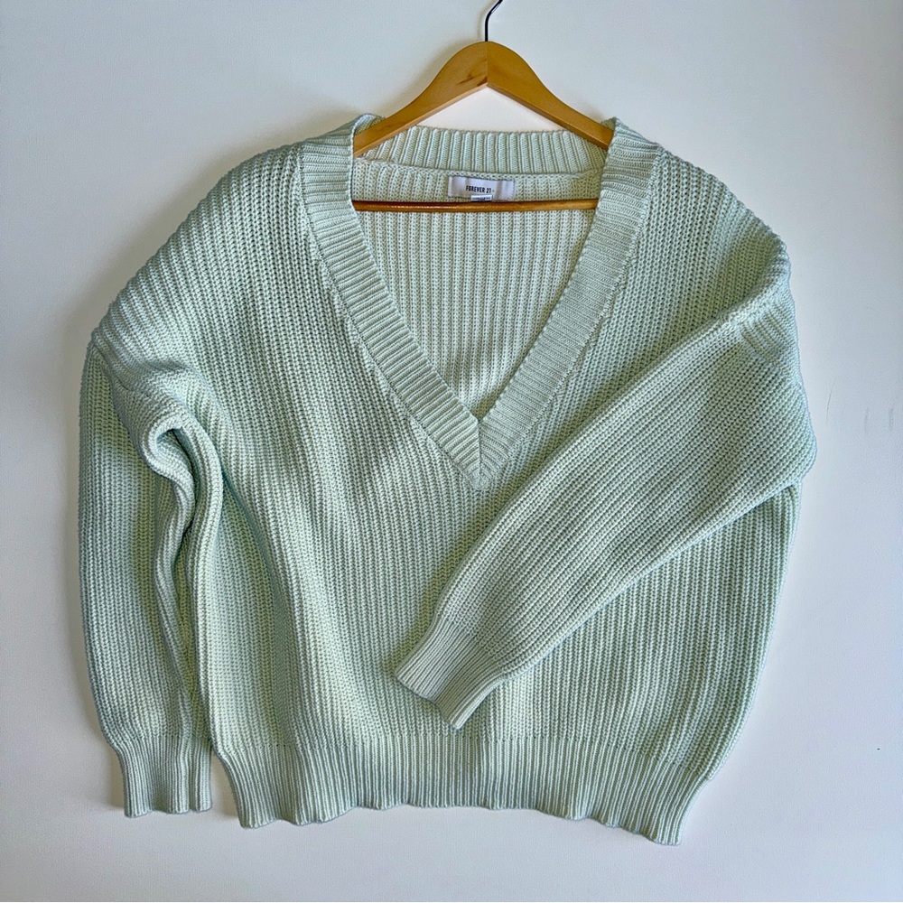 Forever 21+ Mint Green Ribbed Knit V-Neck Sweater Women’s 1X Relaxed Preppy